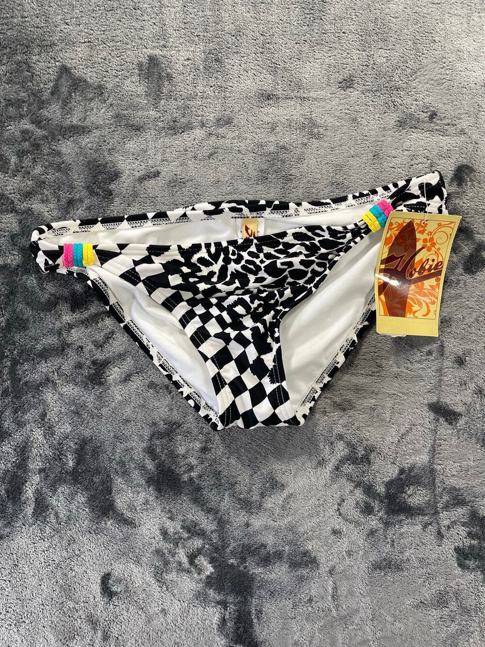 Hobie NWT Womens Small Black White Checkered Colorblock Ring Swim Bottoms Surf